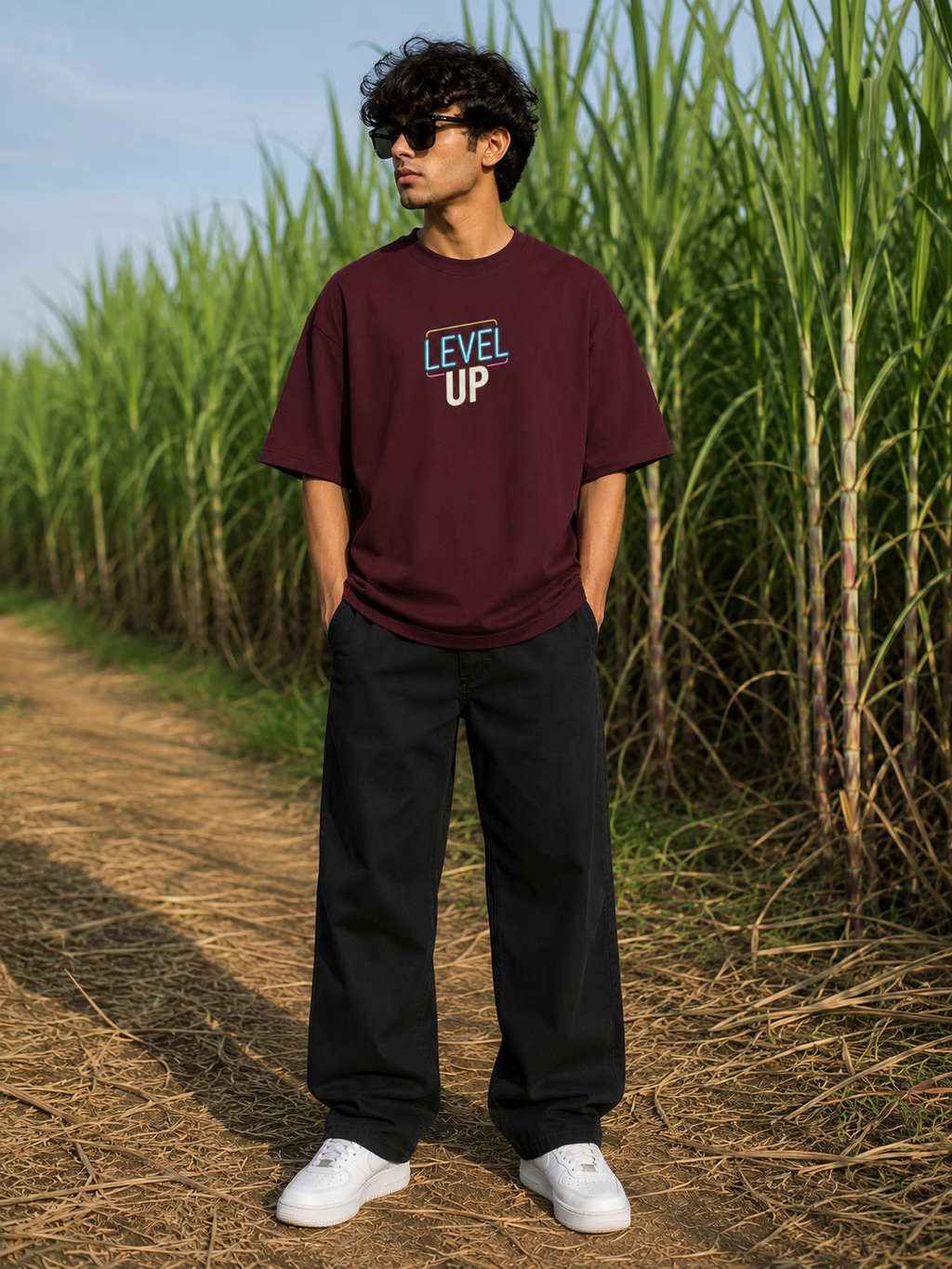 Men's Maroon LU Typography Oversized T-Shirt