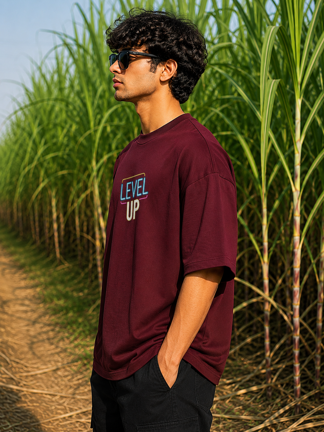 Men's Maroon LU Typography Oversized T-Shirt