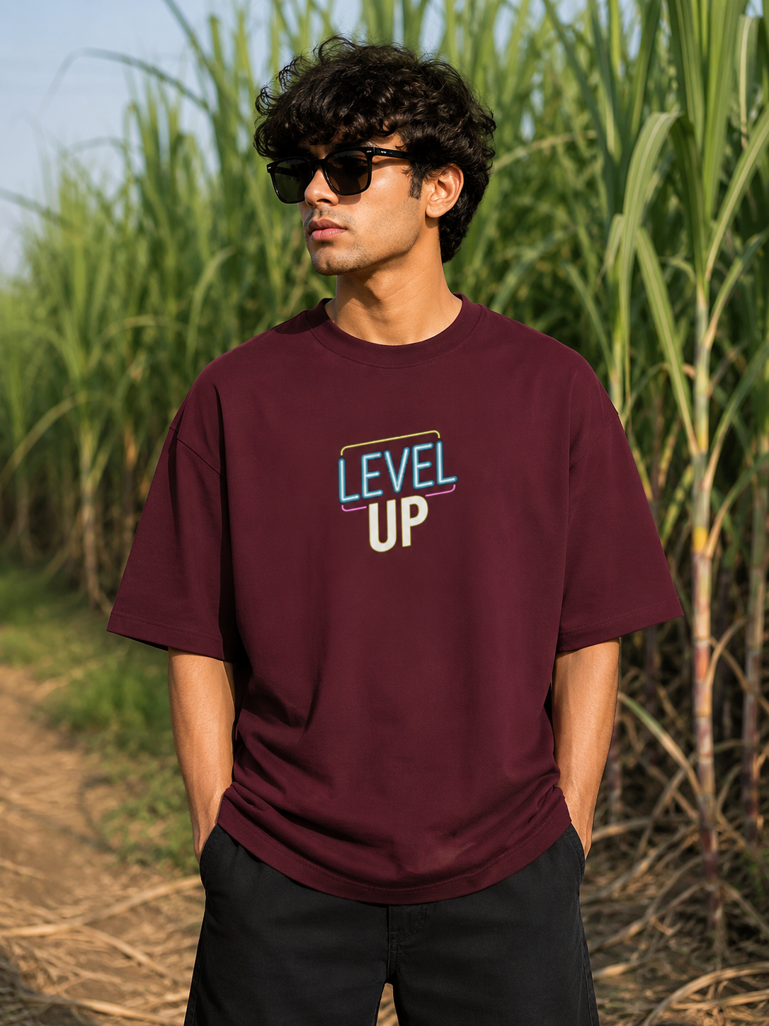 Men's Maroon LU Typography Oversized T-Shirt