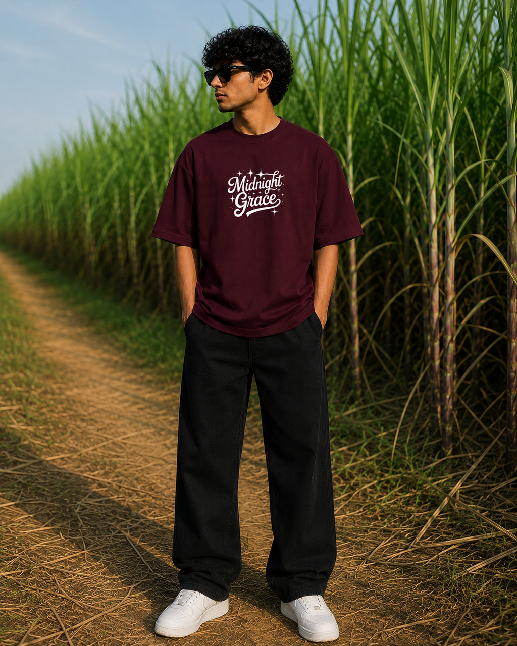 Men's Maroon MG Typography Oversized T-Shirt.