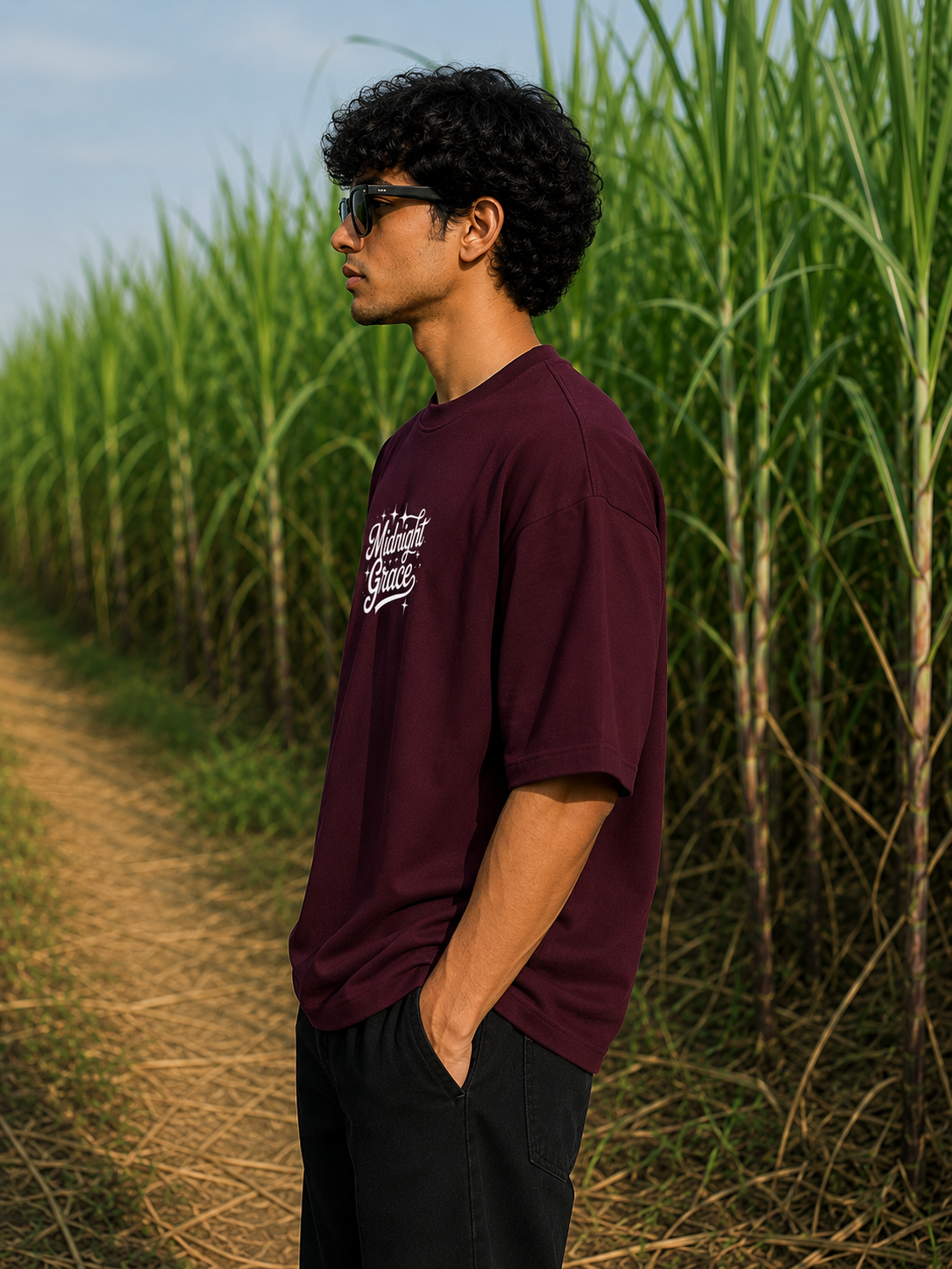 Men's Maroon MG Typography Oversized T-Shirt.