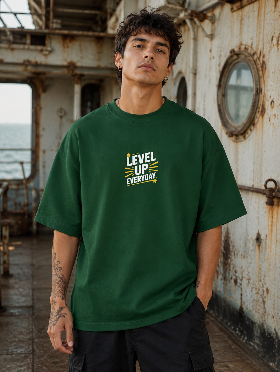 Men's Green LUE Typography Oversized T-Shirt.