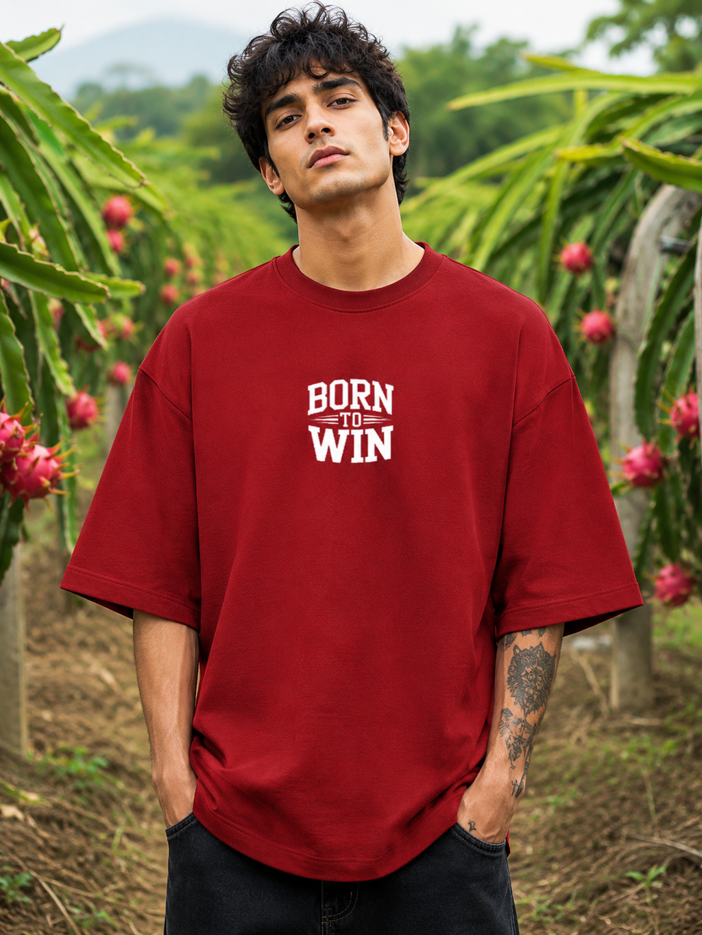 Men's Red BTW Typography Oversized T-shirt