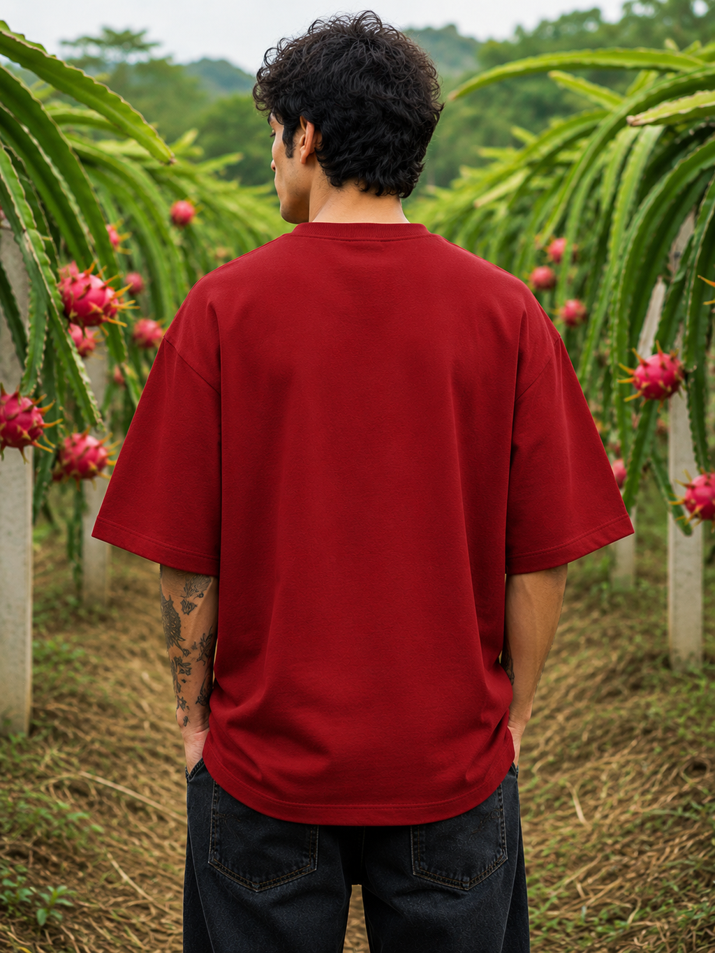 Men's Red BTW Typography Oversized T-shirt