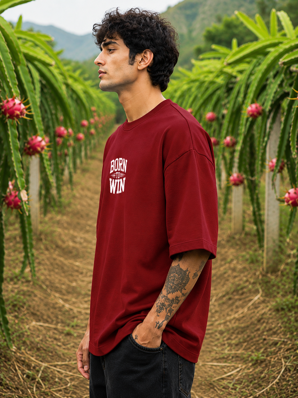 Men's Red BTW Typography Oversized T-shirt