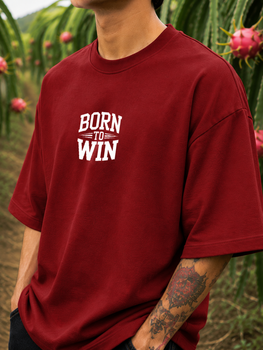 Men's Red BTW Typography Oversized T-shirt