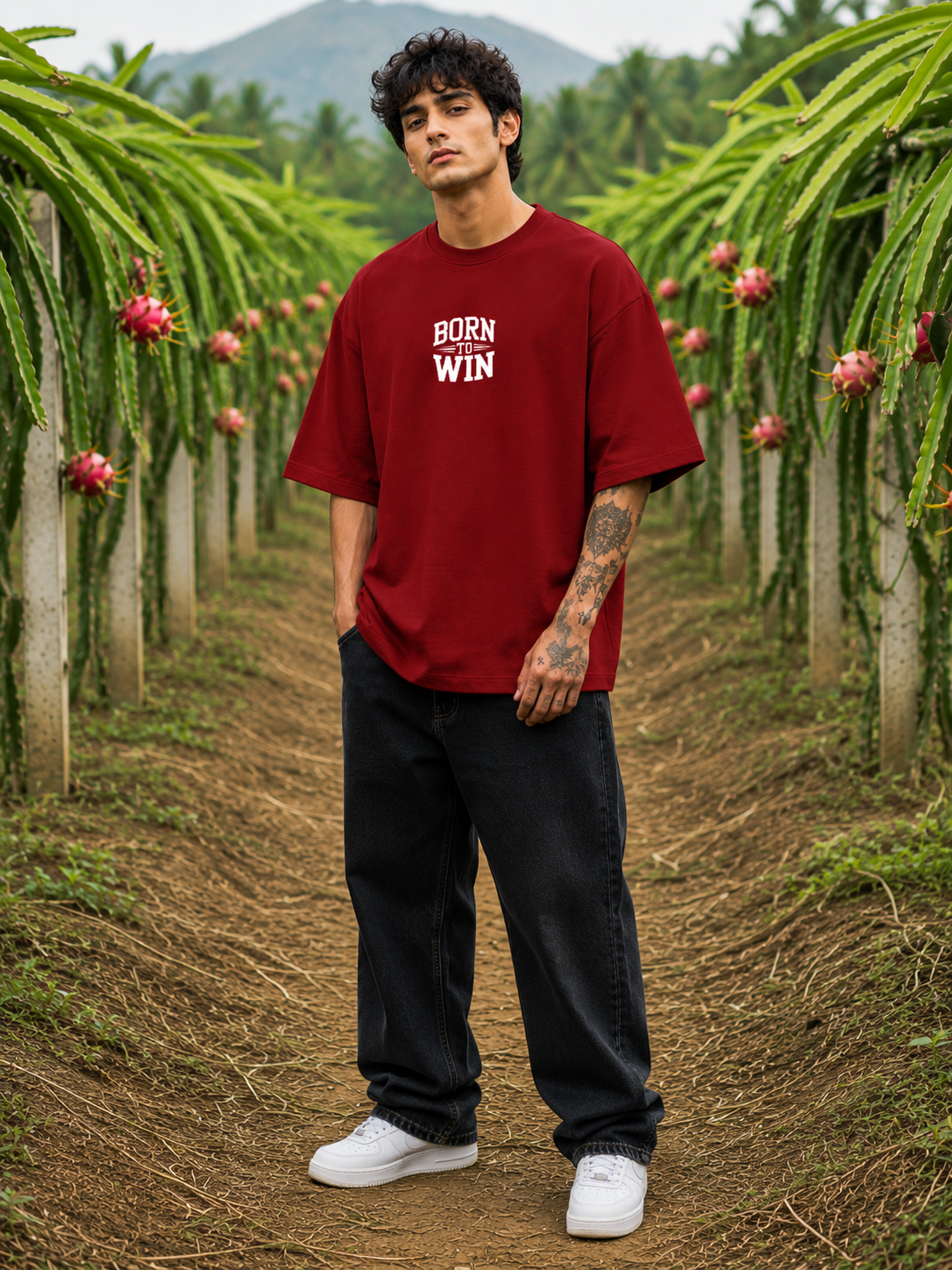 Men's Red BTW Typography Oversized T-shirt
