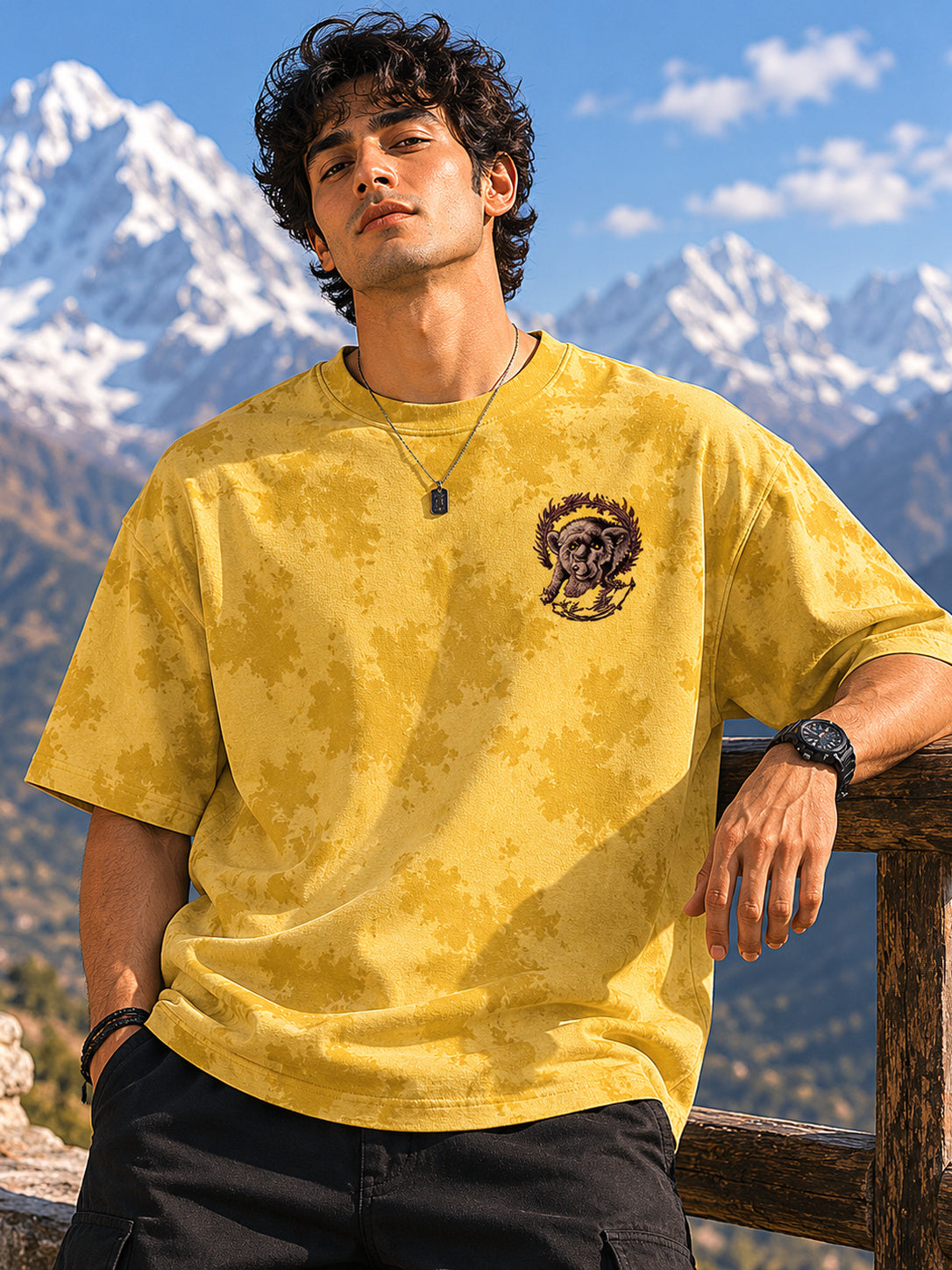 Men's Yellow Minimalist Printed Oversized T-Shirt