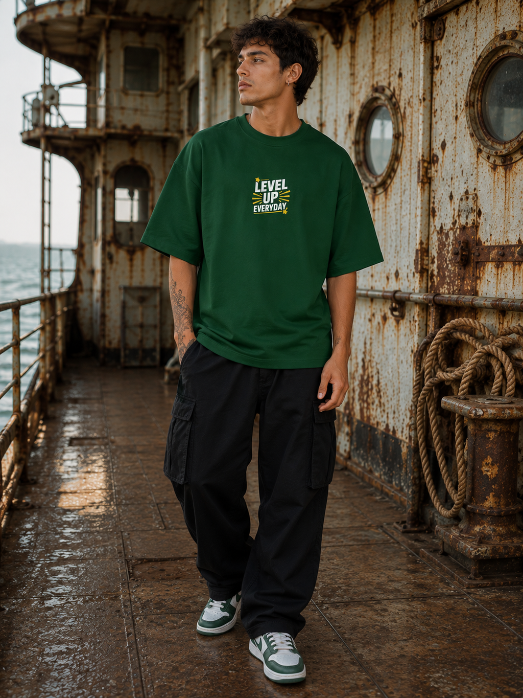 Men's Green LUE Typography Oversized T-Shirt.