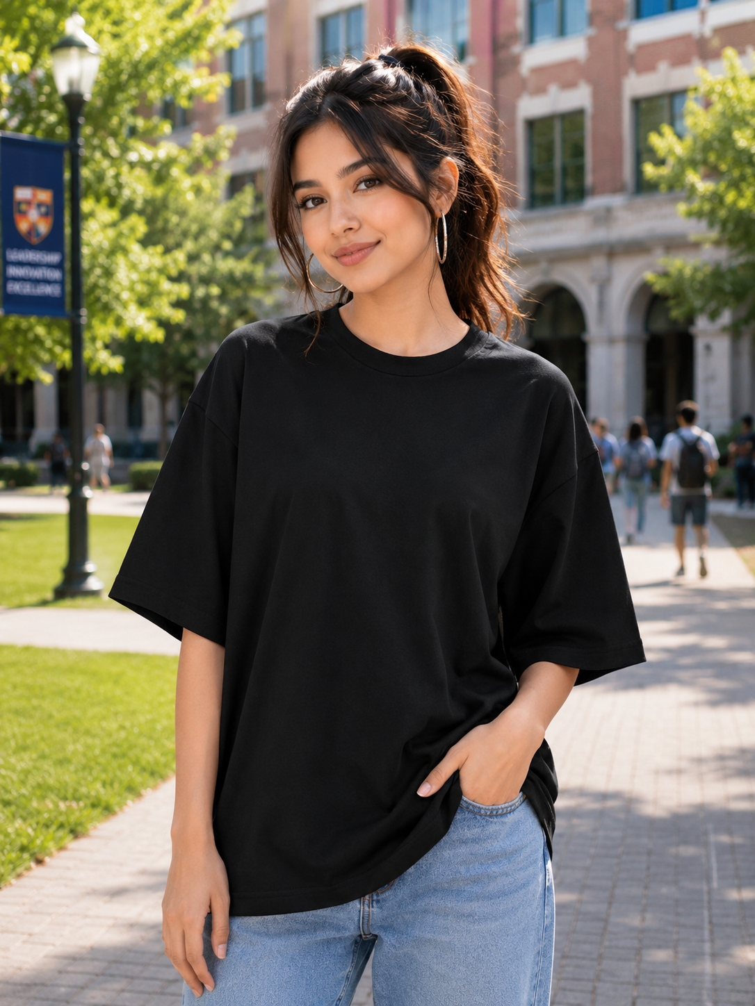 Women's Black Plain Oversized T-Shirt.