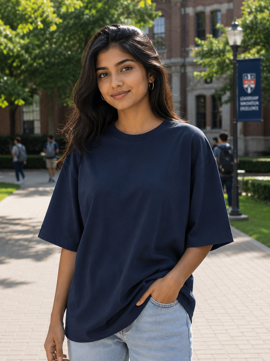 Women's Navy Blue Plain Oversized T-Shirt.