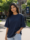 Women's Navy Blue Plain Oversized T-Shirt.