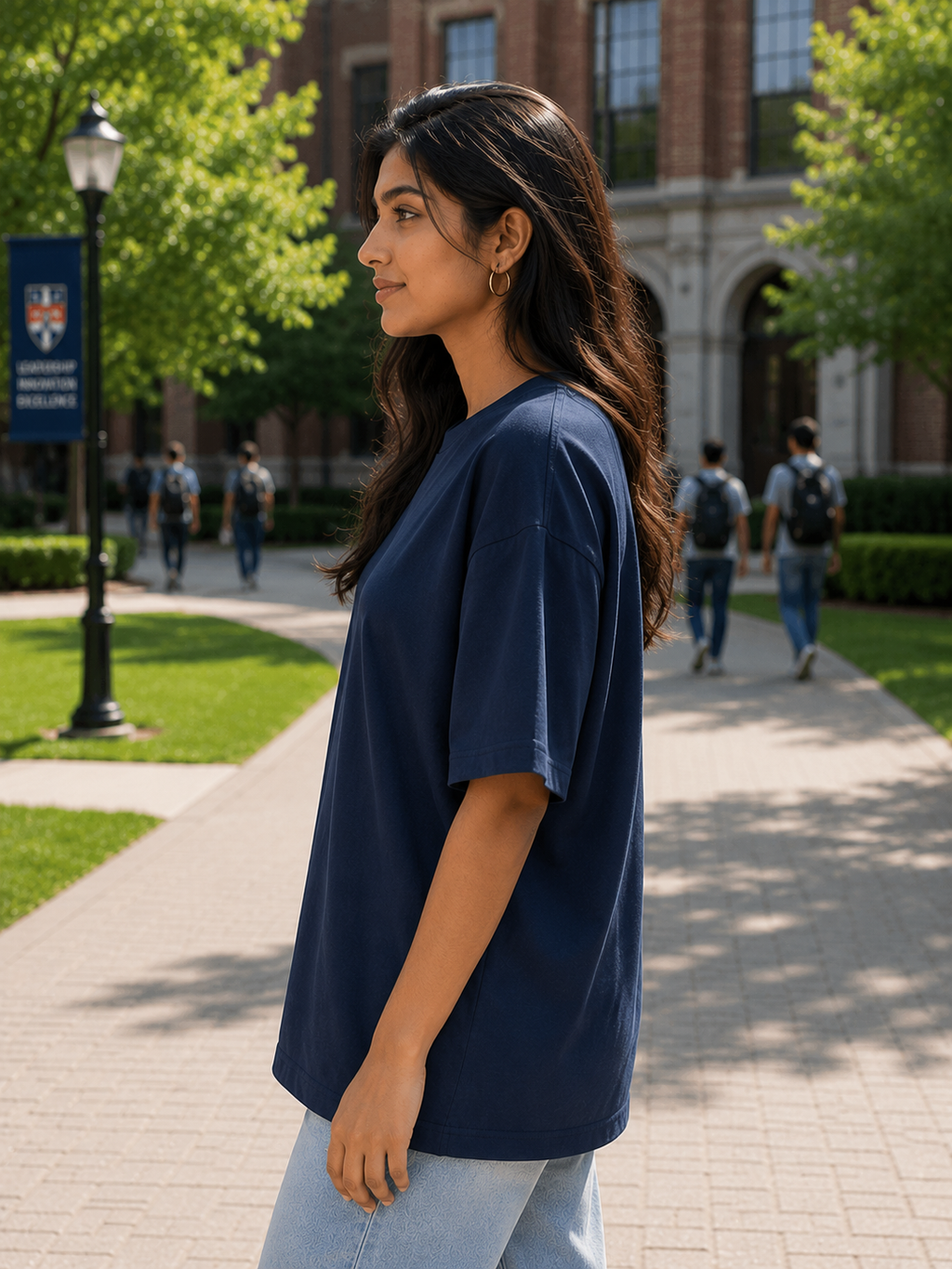 Women's Navy Blue Plain Oversized T-Shirt.