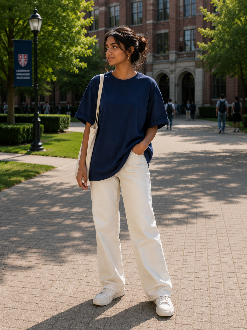 Women's Navy Blue Plain Oversized T-Shirt.