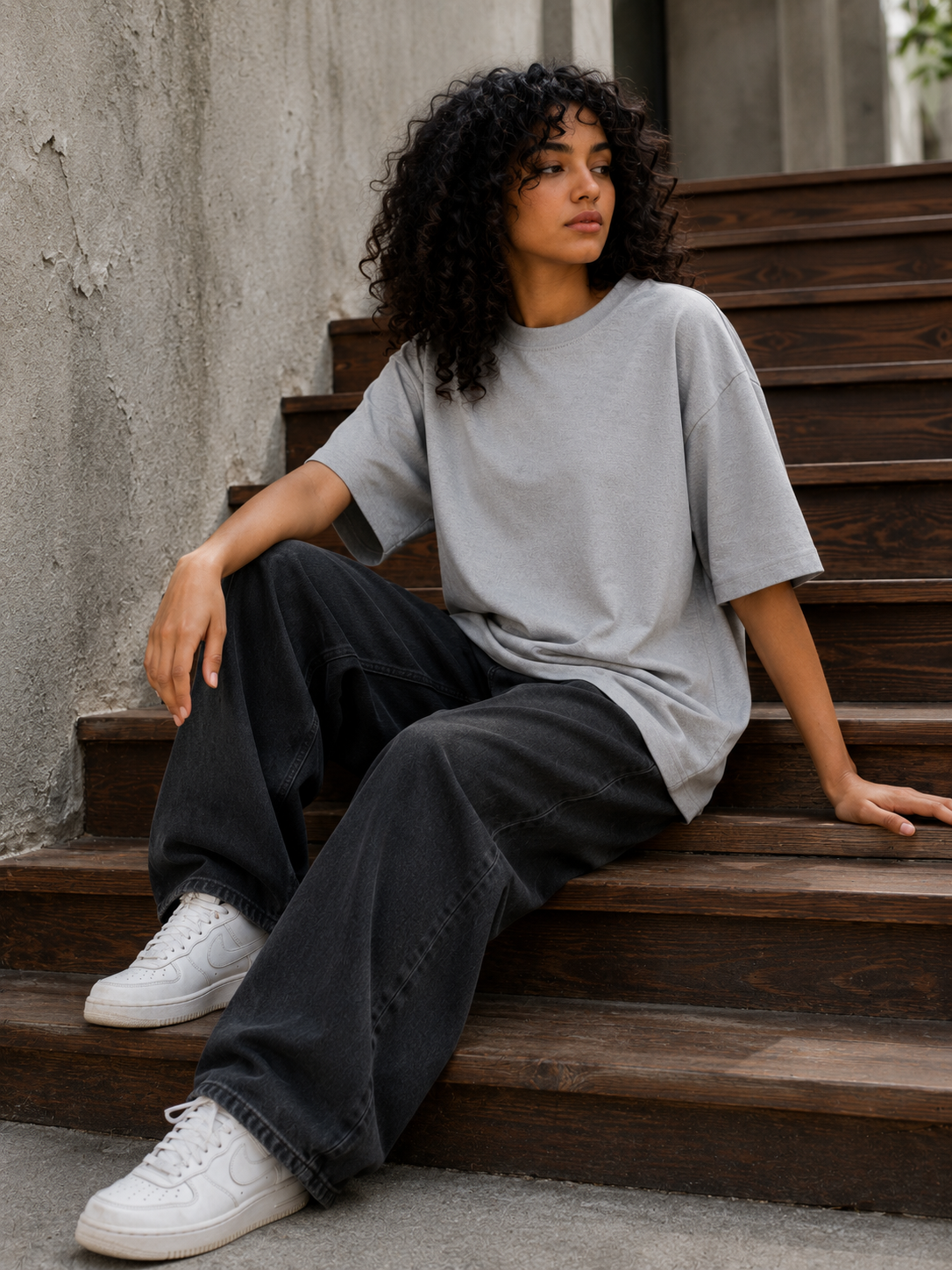 Women's Grey Melange Plain Oversized T-Shirt.