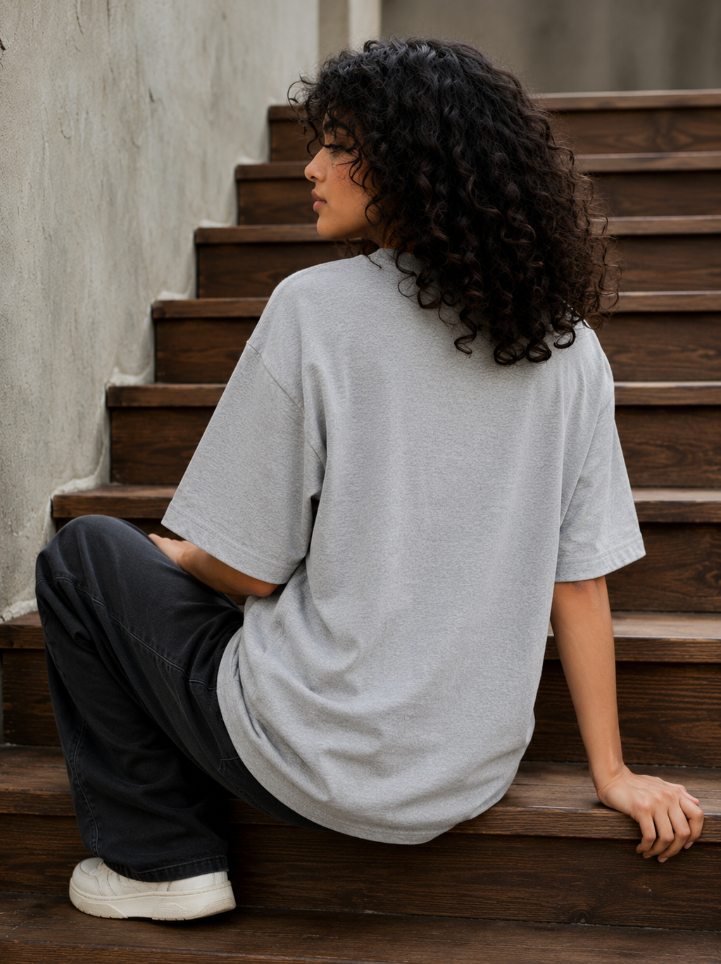 Women's Grey Melange Plain Oversized T-Shirt.