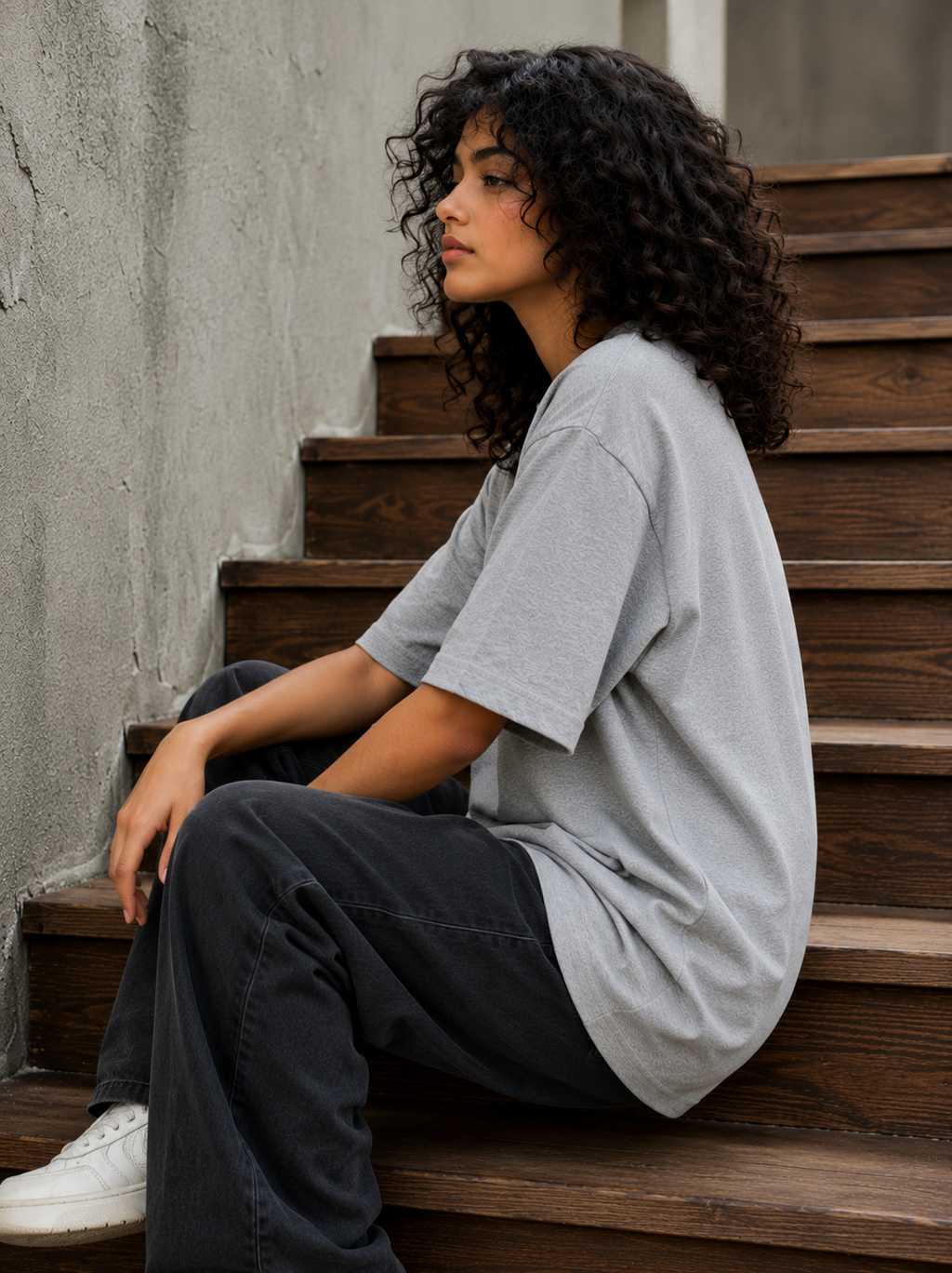 Women's Grey Melange Plain Oversized T-Shirt.