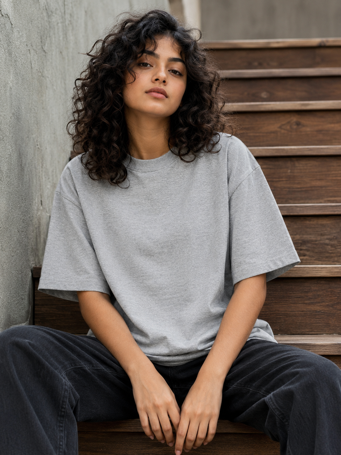 Women's Grey Melange Plain Oversized T-Shirt.