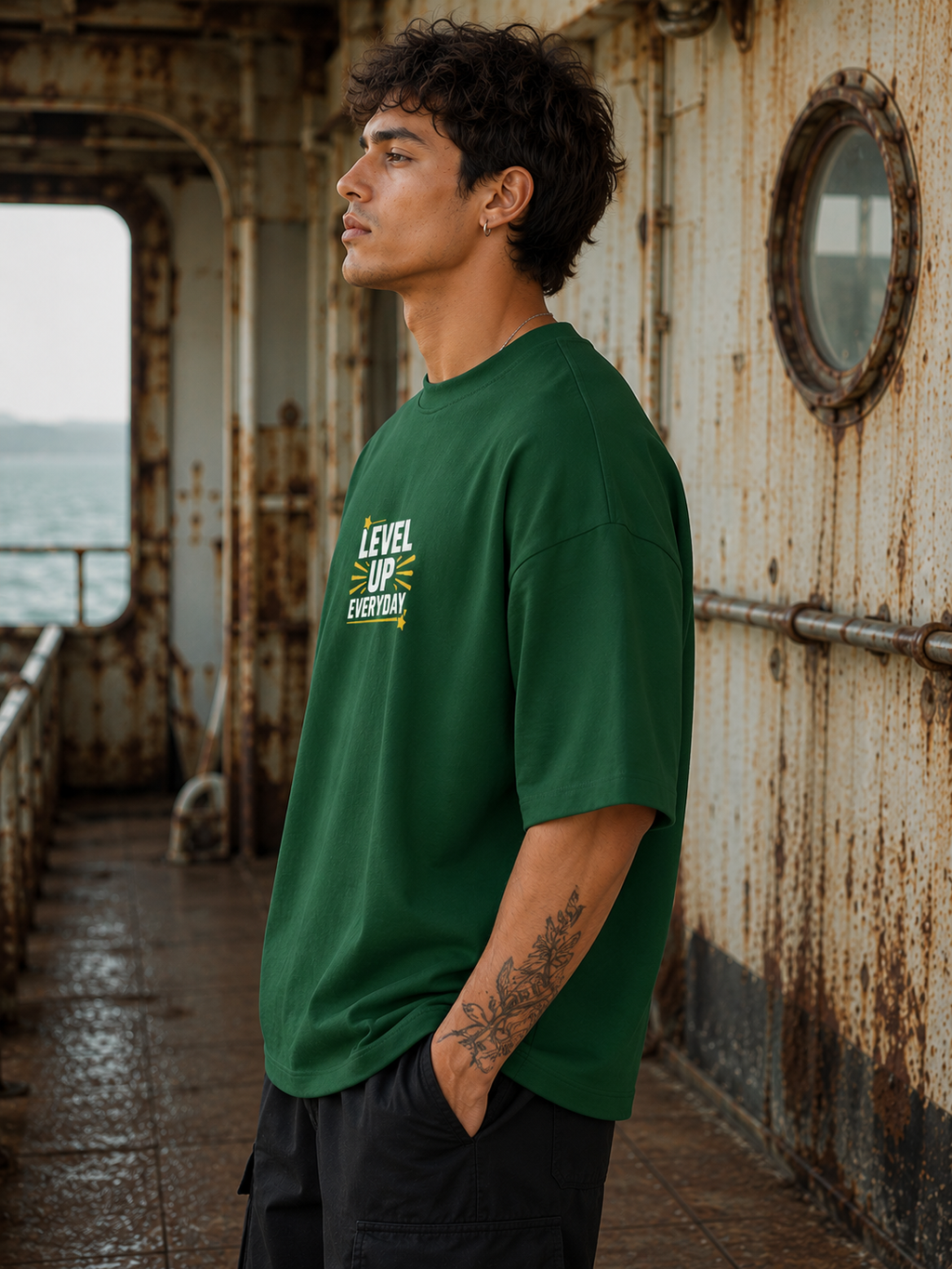 Men's Green LUE Typography Oversized T-Shirt.